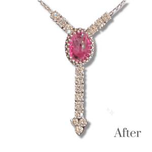 Custom heirloom redesign 14k white gold ruby and diamond necklace